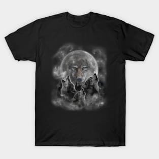 Three Wolves Howling - Full Moon with Wolf Silhouette T-Shirt